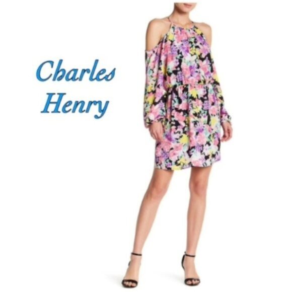 Charles Henry Womens Pink Floral Cold Shoulder Long Sleeve Dress Sz M New - Picture 5 of 7
